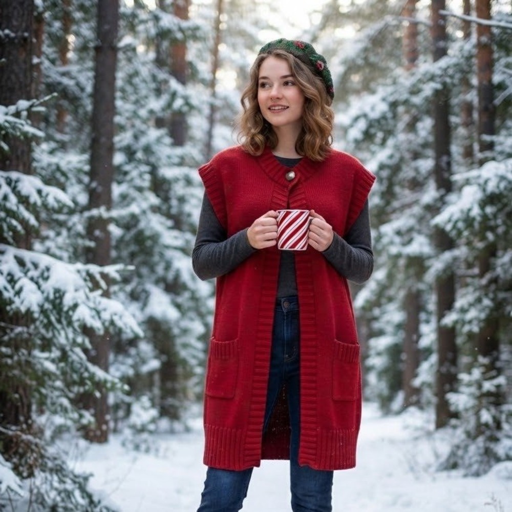 Chico Long Knit Cardigan Vest Womens XL Ruby Red Bamboo Cotton Earthy Natural